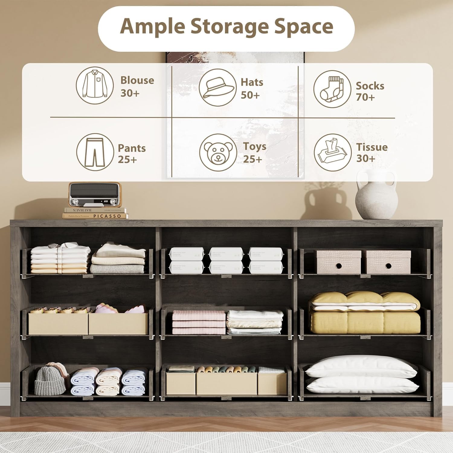 GoFurnitureHub 9-Drawer Wide Dresser – Modern Wood Storage Chest for Bedroom & Living Room