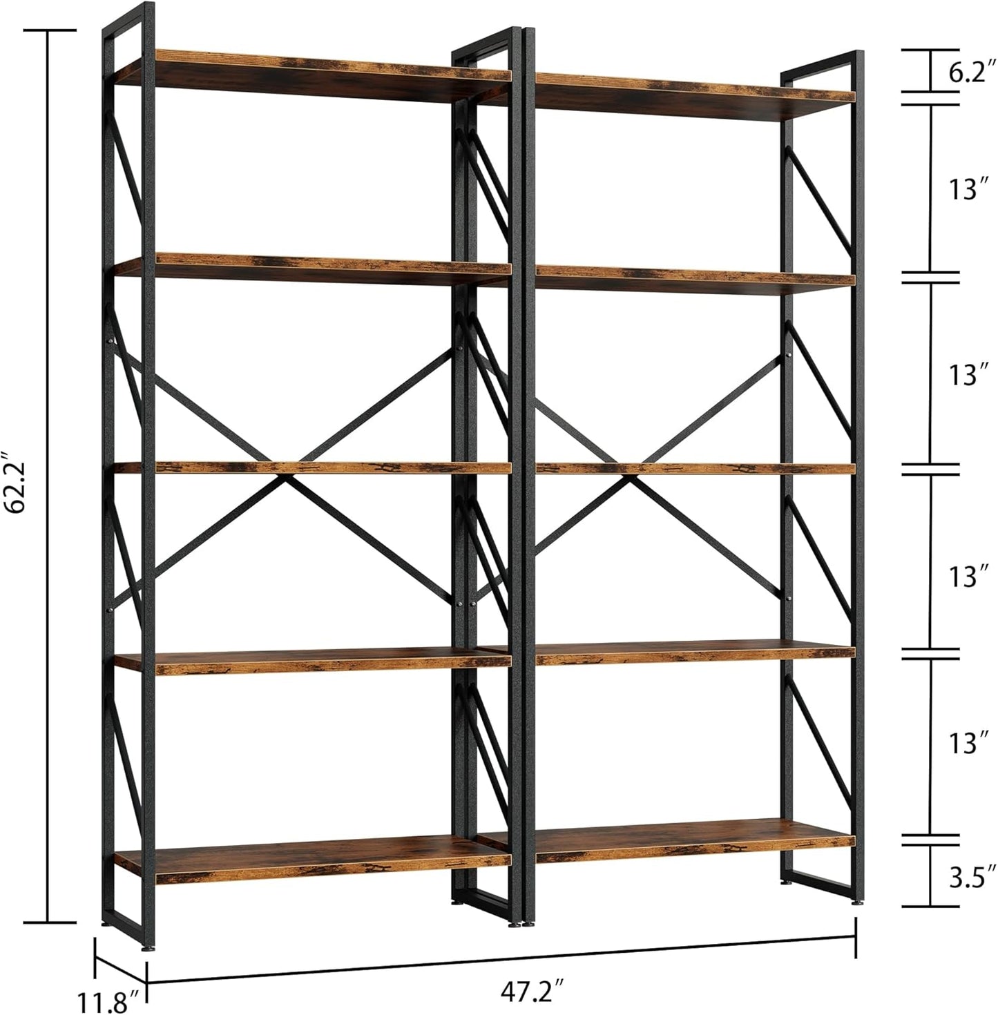 GoFurnitureHub Industrial 5-Tier Bookshelf Set of 2 – Rustic Brown Metal & Wood Display Shelves