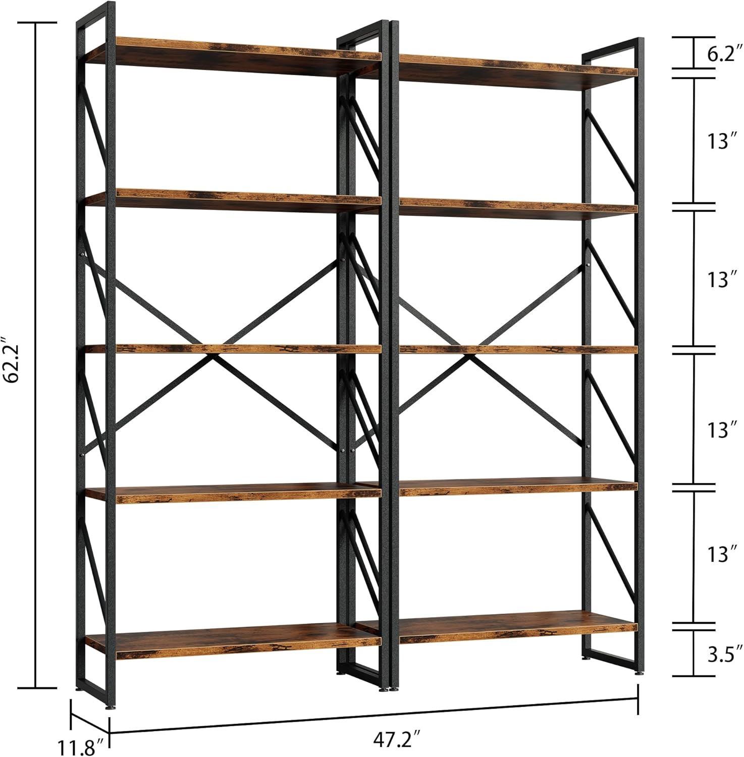 GoFurnitureHub Industrial 5-Tier Bookshelf Set of 2 – Rustic Brown Metal & Wood Display Shelves