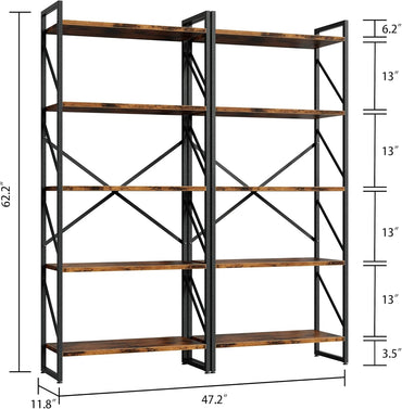 GoFurnitureHub Industrial 5-Tier Bookshelf Set of 2 – Rustic Brown Metal & Wood Display Shelves