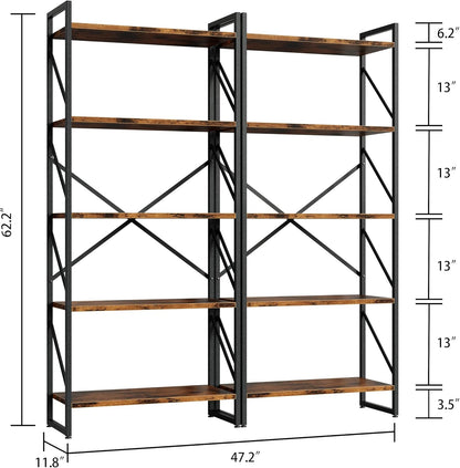 GoFurnitureHub Industrial 5-Tier Bookshelf Set of 2 – Rustic Brown Metal & Wood Display Shelves