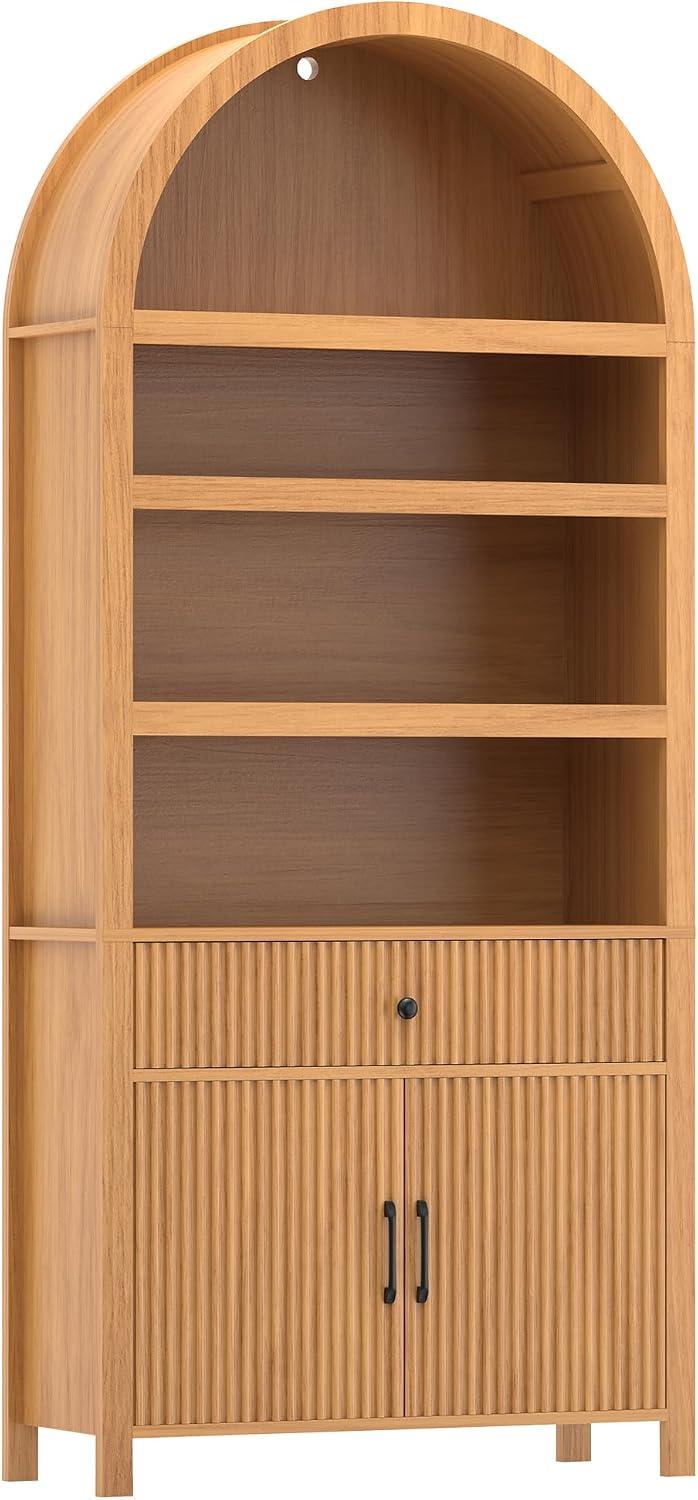 GoFurnitureHub 70" Mid-Century Arched Bookcase with Storage Cabinet