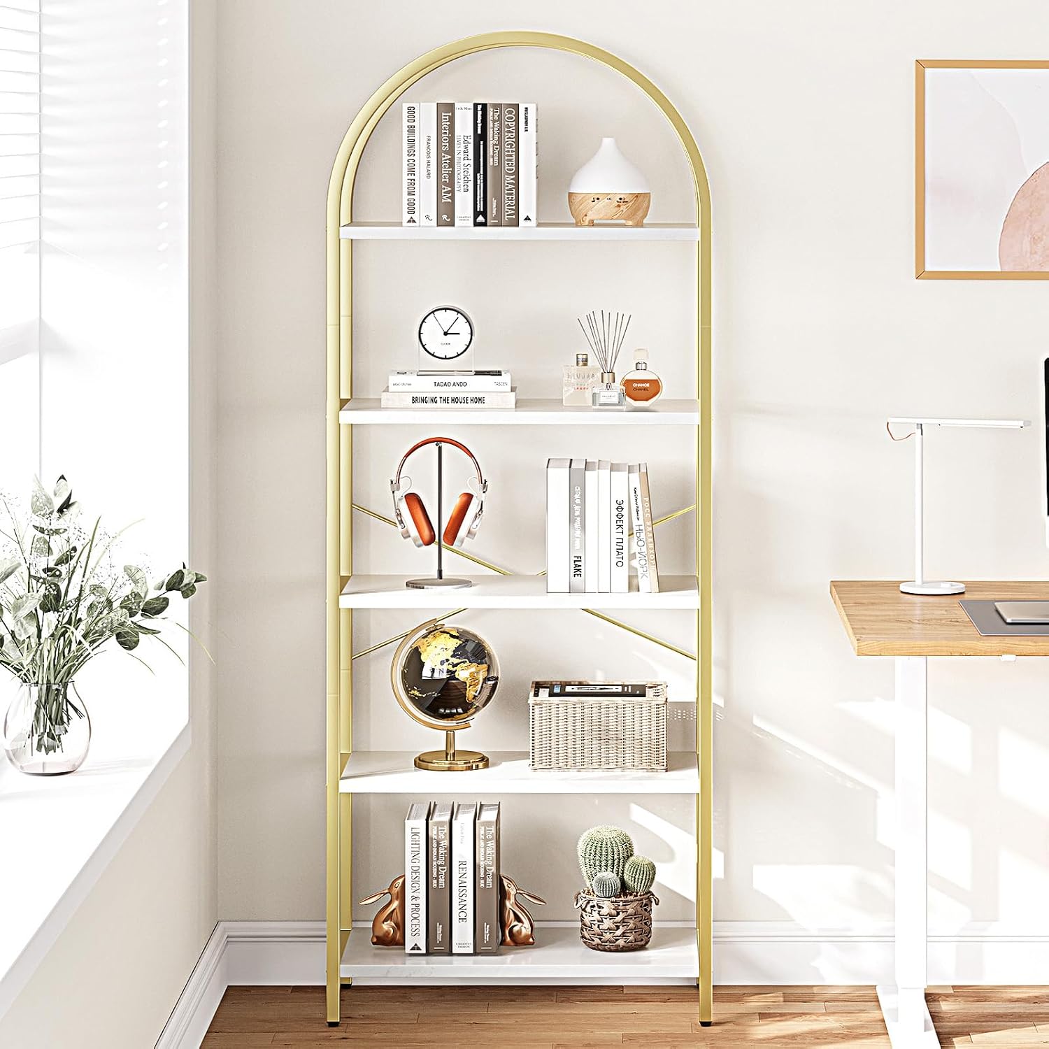 GoFurnitureHub 5-Tier Arched Bookshelf – White & Gold Modern Metal Display Bookcase for Living Room & Home Office