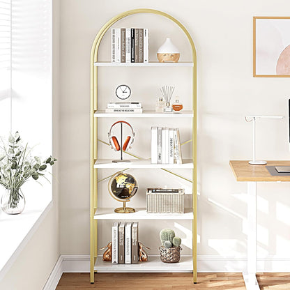 GoFurnitureHub 5-Tier Arched Bookshelf – White & Gold Modern Metal Display Bookcase for Living Room & Home Office