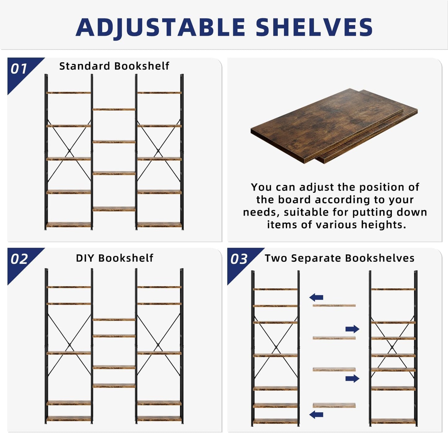 GoFurnitureHub Triple Column 5-Tier Bookcase – 14-Shelf Rustic Industrial Storage Bookshelf, Vintage