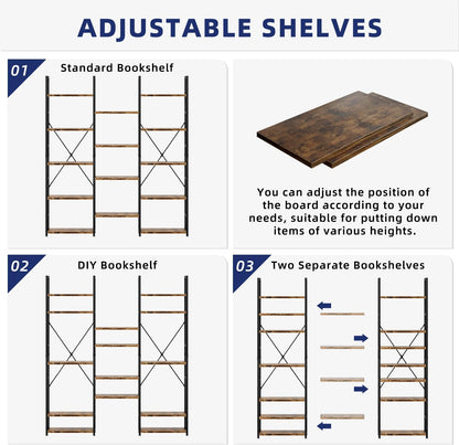 GoFurnitureHub Triple Column 5-Tier Bookcase – 14-Shelf Rustic Industrial Storage Bookshelf, Vintage