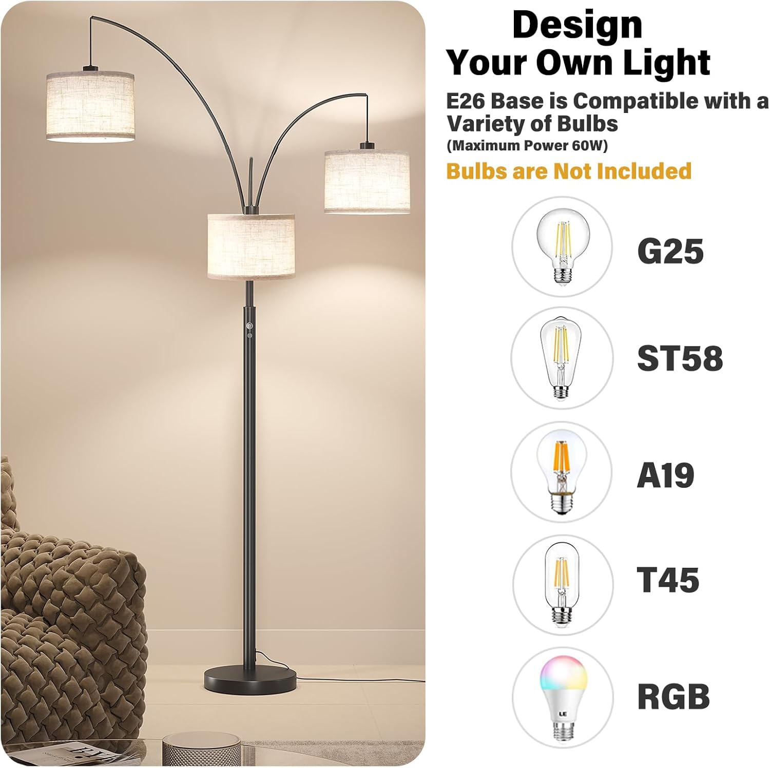 GoFurnitureHub 78" Arched Tree Floor Lamp with Hanging Drum Shades