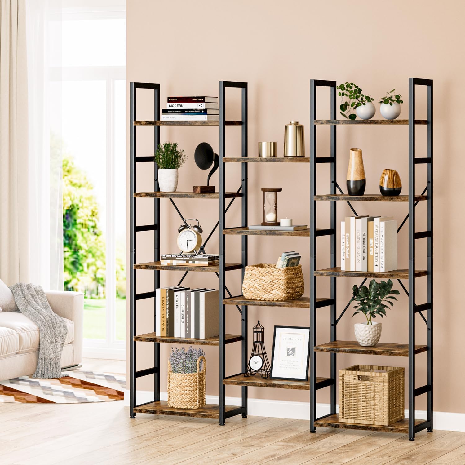 GoFurnitureHub Triple Column 5-Tier Bookcase – 14-Shelf Rustic Industrial Storage Bookshelf, Vintage