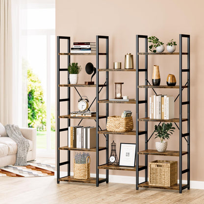 GoFurnitureHub Triple Column 5-Tier Bookcase – 14-Shelf Rustic Industrial Storage Bookshelf, Vintage