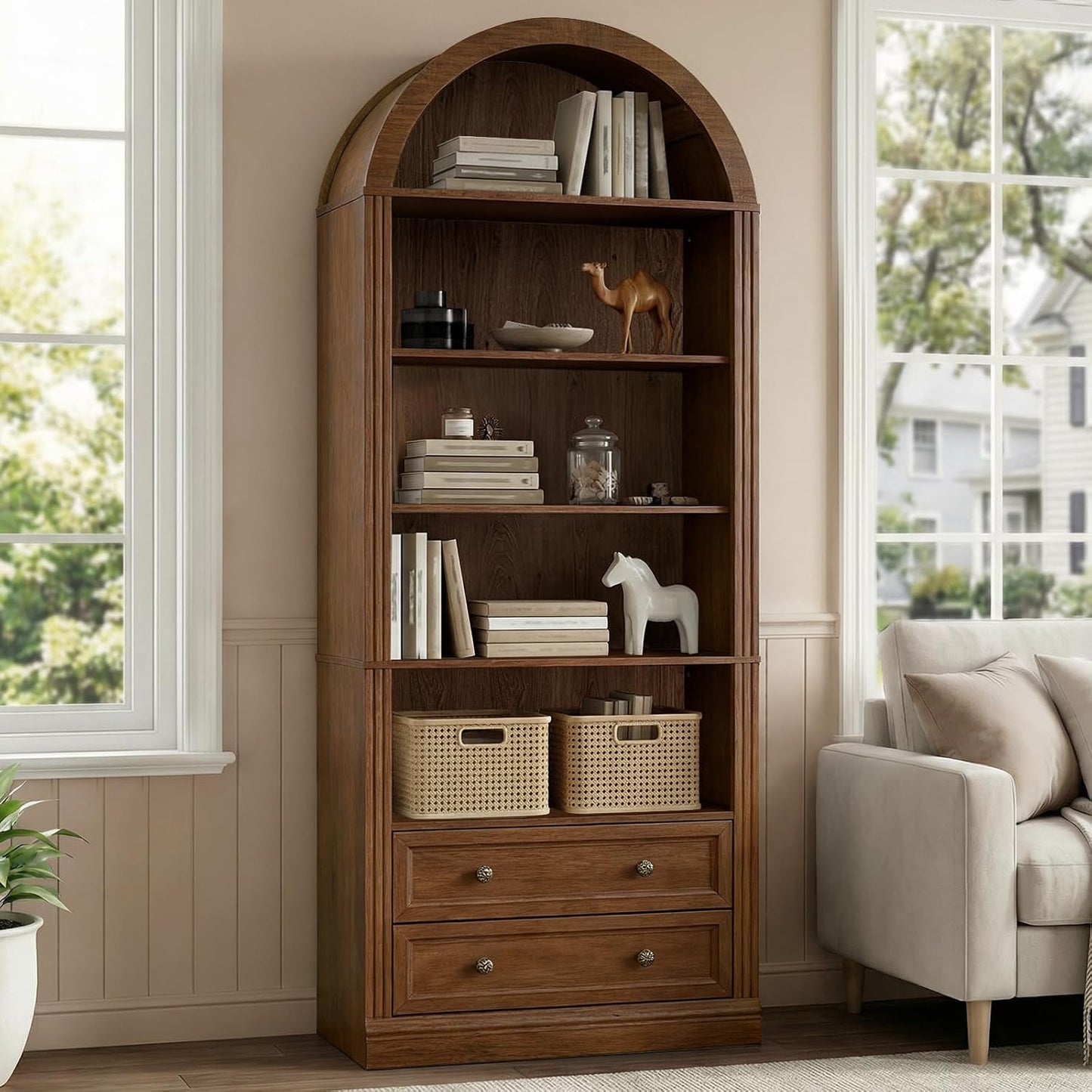 GoFurnitureHub 7-Tier Farmhouse Arched Bookshelf – Walnut Bookcase with 2 Drawers & Storage Cabinet
