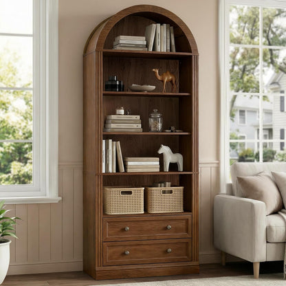 GoFurnitureHub 7-Tier Farmhouse Arched Bookshelf – Walnut Bookcase with 2 Drawers & Storage Cabinet