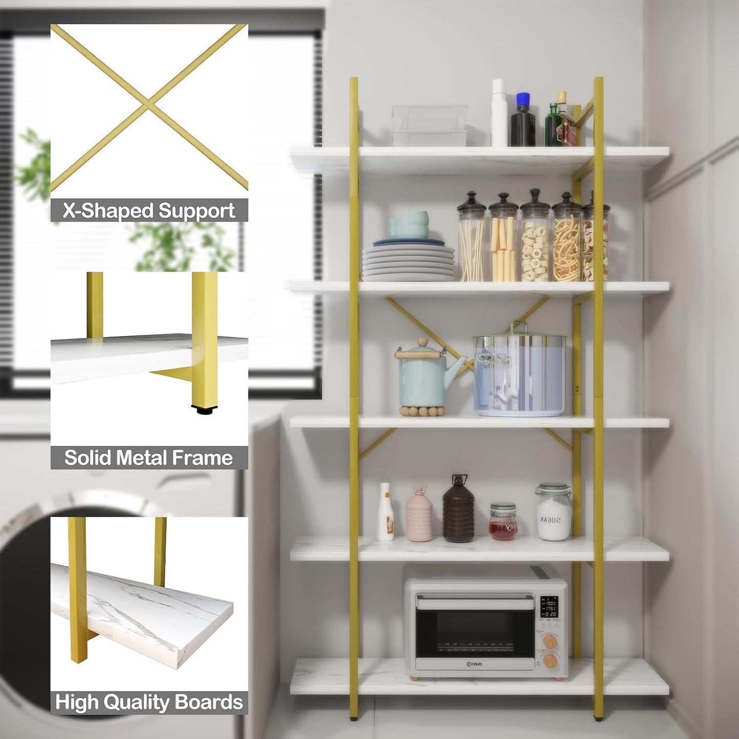GoFurnitureHub 5-Tier Modern Bookcase with White Faux Marble Shelves