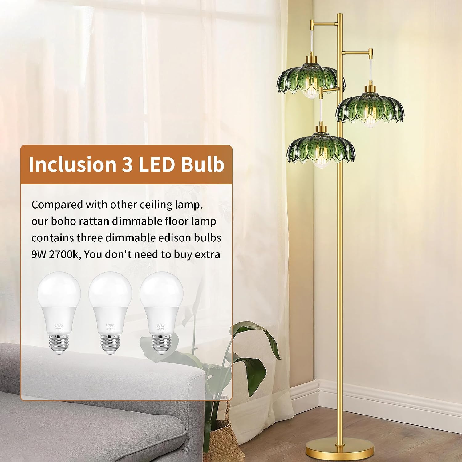 GoFurnitureHub Vintage Brass 3-Light Floor Lamp with Green Glass Shades