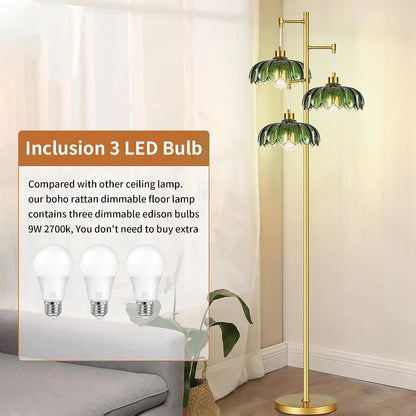 GoFurnitureHub Vintage Brass 3-Light Floor Lamp with Green Glass Shades