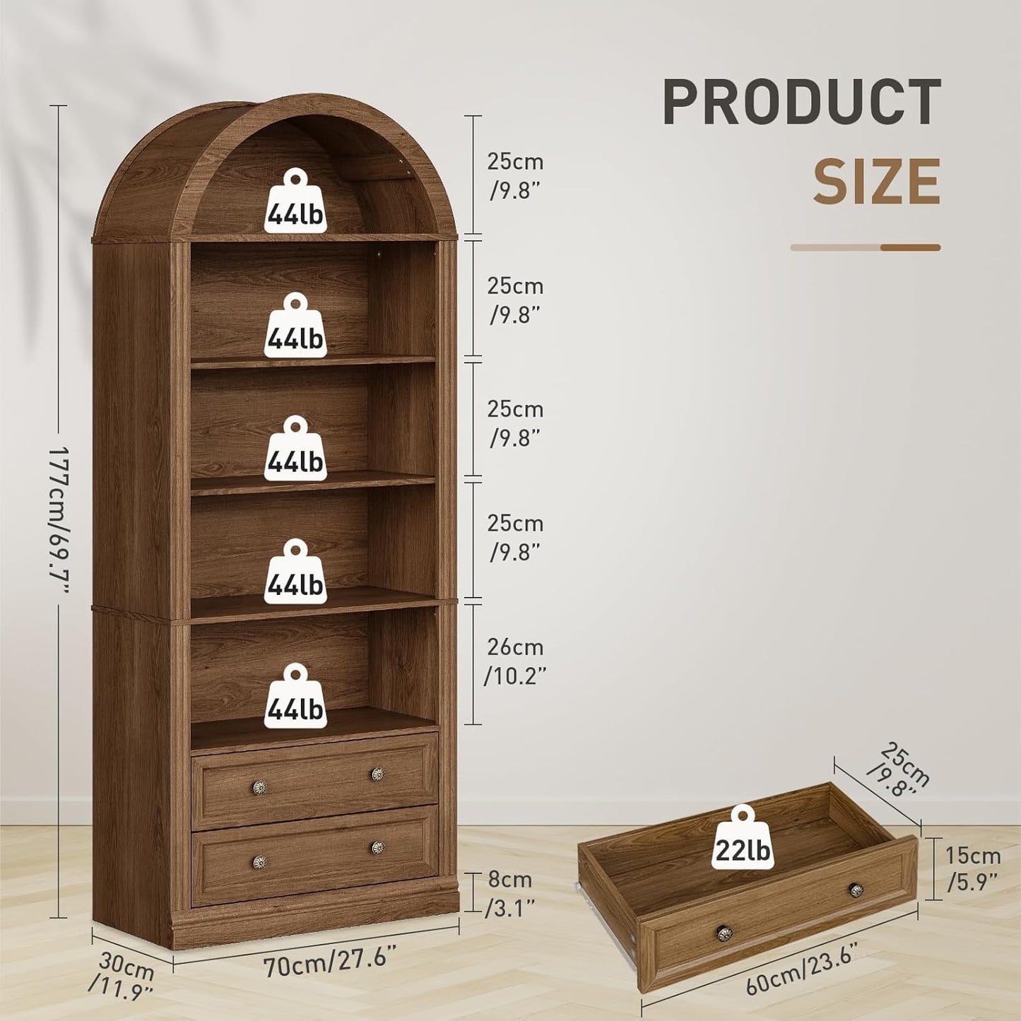 GoFurnitureHub 7-Tier Farmhouse Arched Bookshelf – Walnut Bookcase with 2 Drawers & Storage Cabinet