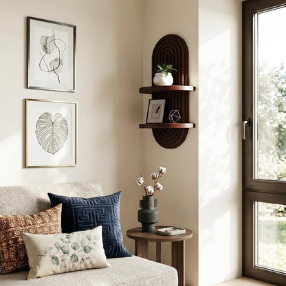 GoFurnitureHub Boho Arched Floating Wall Shelf – Mid-Century Wooden Display Shelf, Dark Brown