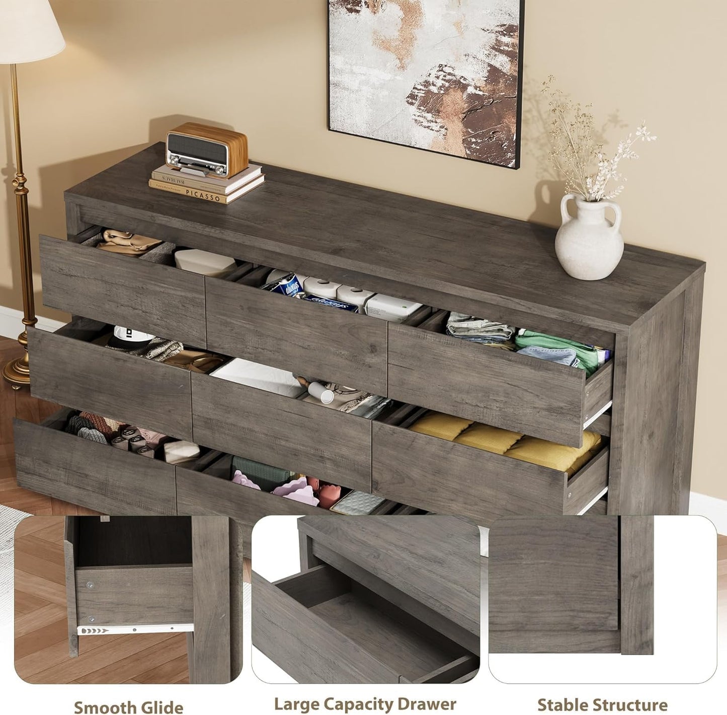 GoFurnitureHub 9-Drawer Wide Dresser – Modern Wood Storage Chest for Bedroom & Living Room