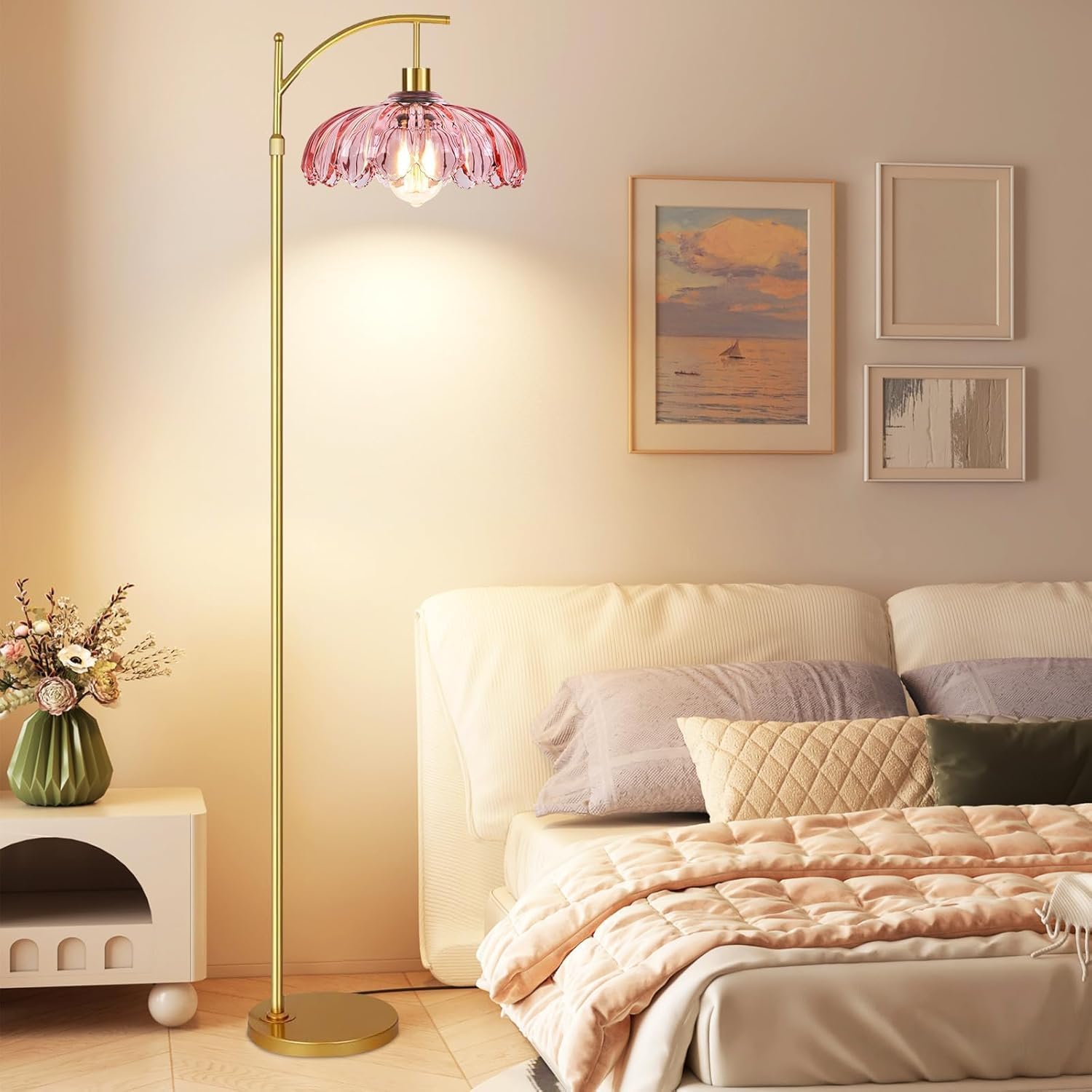 GoFurnitureHub Gold Arc Floor Lamp with Pink Glass Shade – Dimmable Mid-Century Modern Standing Lamp with Remote