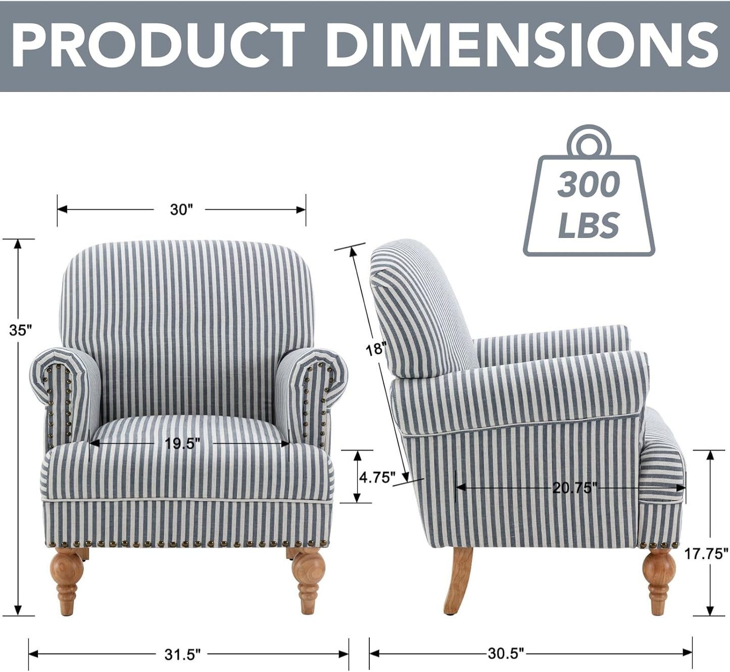 GoFurnitureHub Blue Striped Linen Accent Chair with Turned Wood Legs