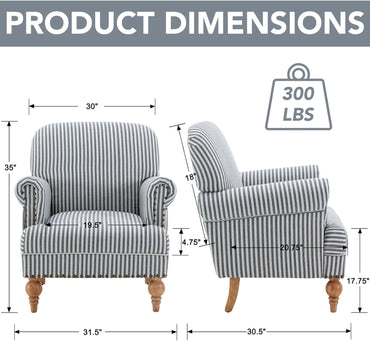 GoFurnitureHub Blue Striped Linen Accent Chair with Turned Wood Legs