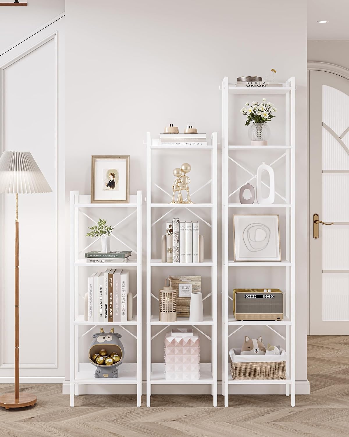 GoFurnitureHub 6-Tier Industrial Corner Bookcase – White Storage Shelf with Hooks