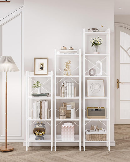 GoFurnitureHub 6-Tier Industrial Corner Bookcase – White Storage Shelf with Hooks