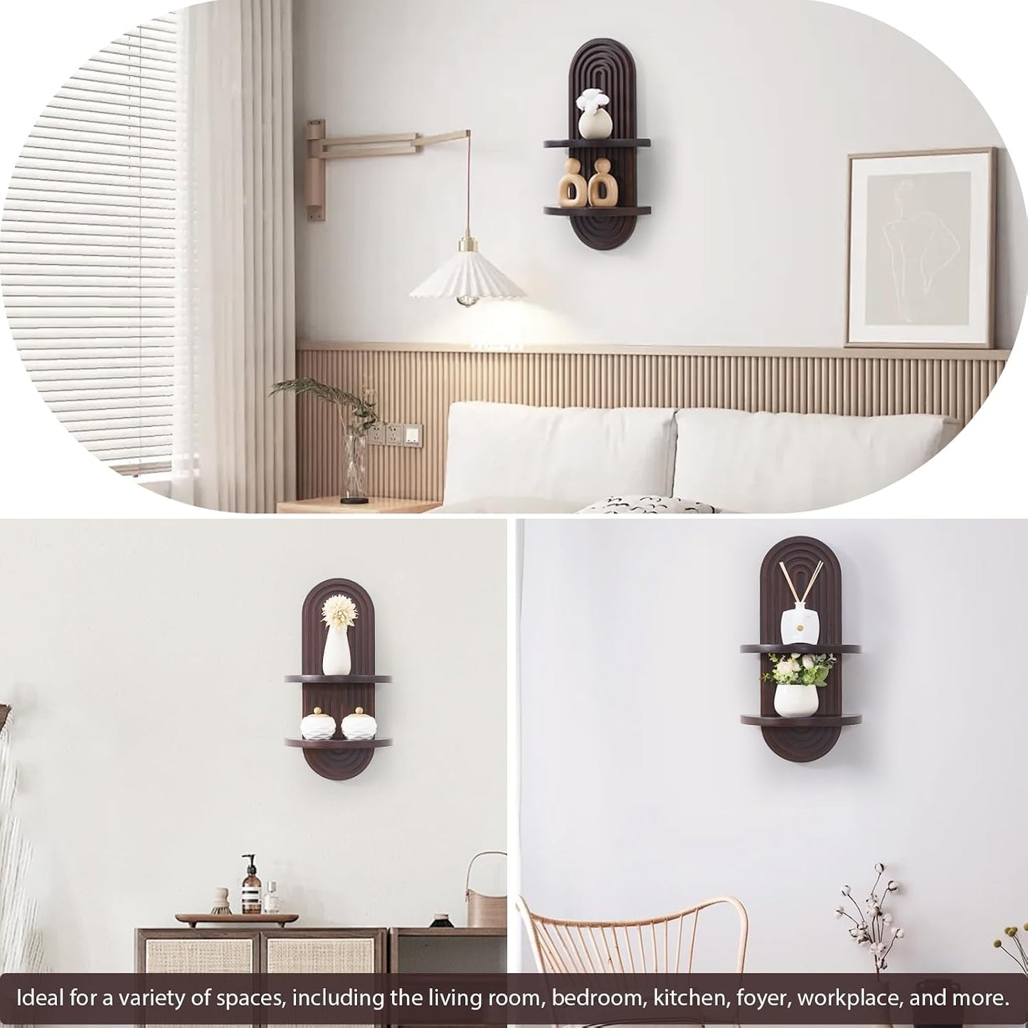 GoFurnitureHub Boho Arched Floating Wall Shelf – Mid-Century Wooden Display Shelf, Dark Brown