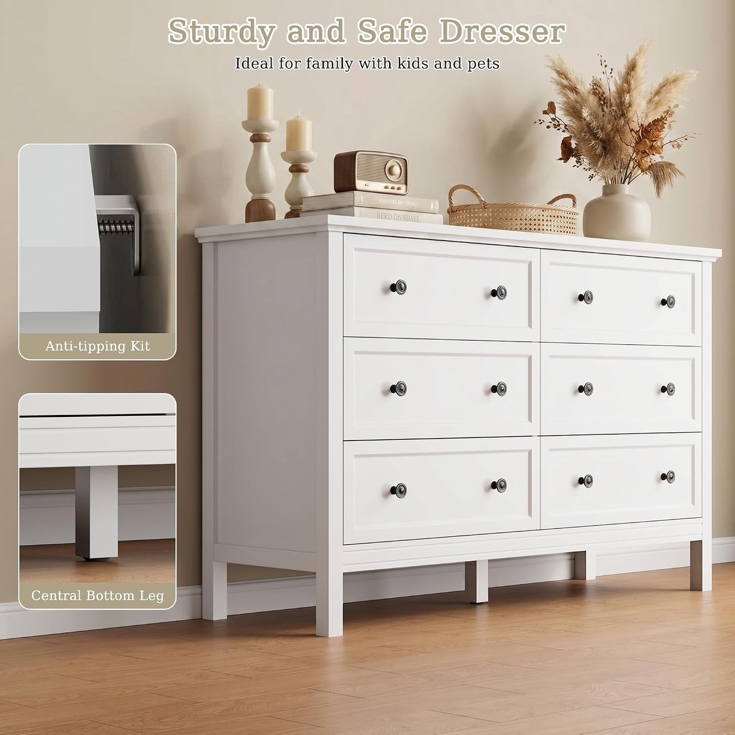 GoFurnitureHub 55" White 6-Drawer Dresser – Modern Wood Storage Chest with Metal Handles