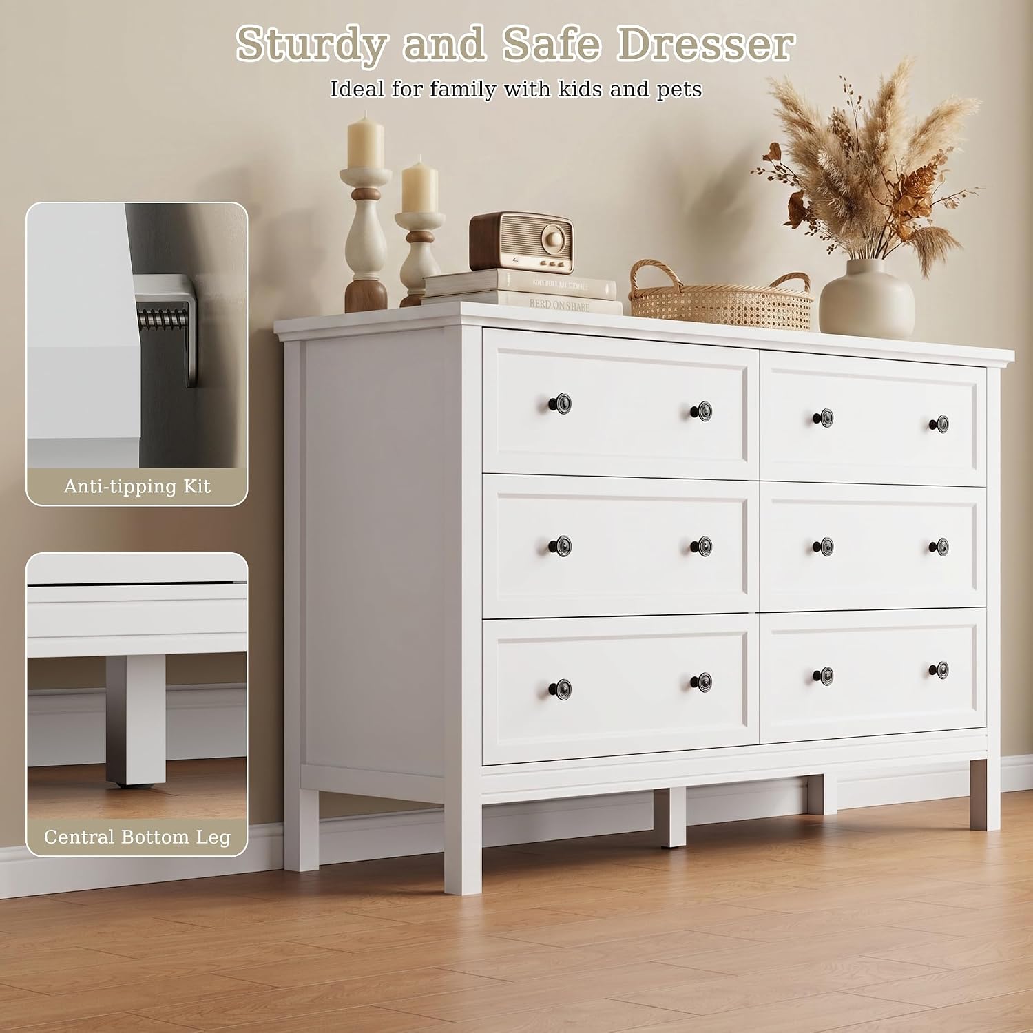 GoFurnitureHub 55" White 6-Drawer Dresser – Modern Wood Storage Chest with Metal Handles