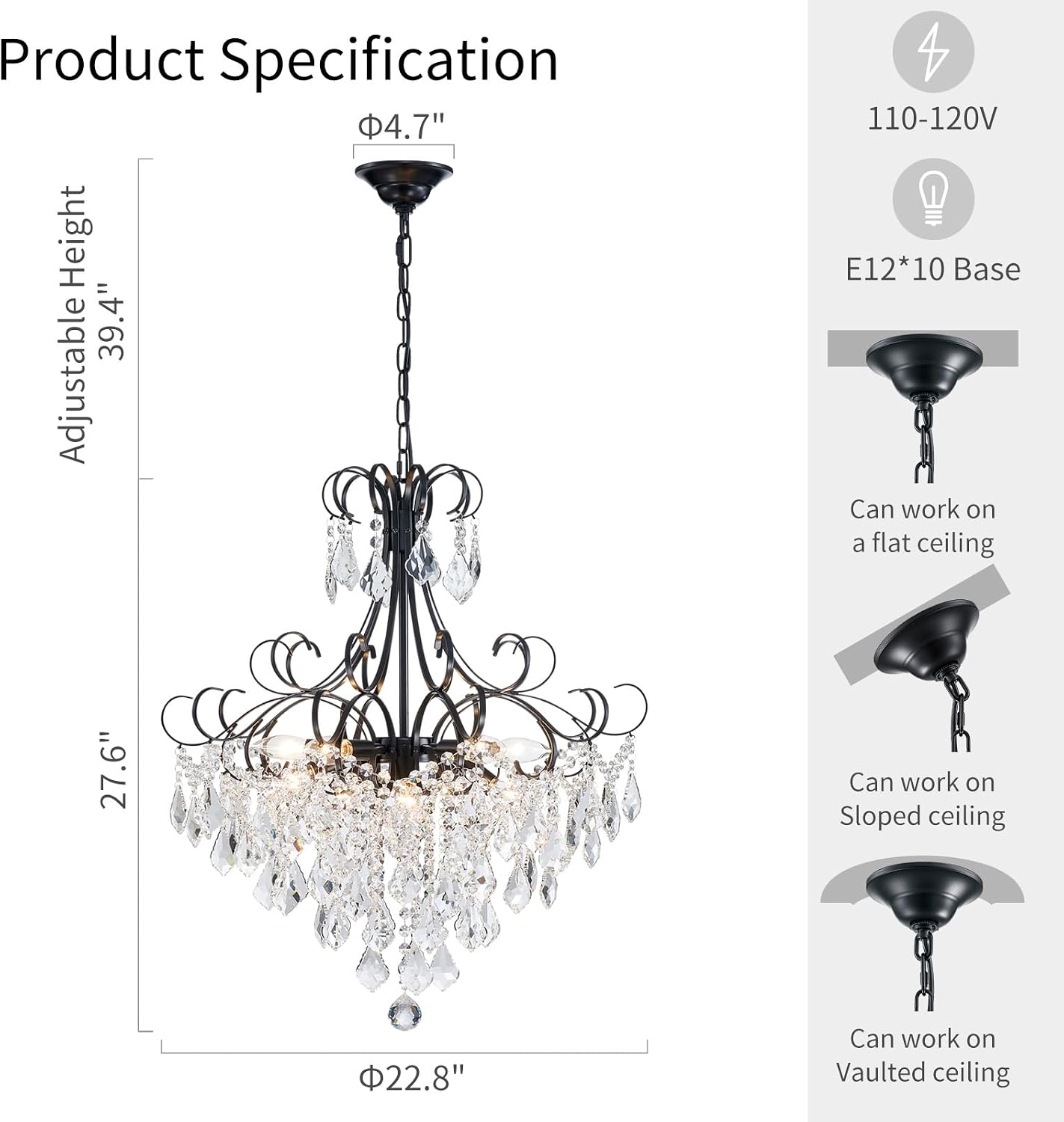 GoFurnitureHub 10-Light Modern Crystal Chandelier – Black Luxury Ceiling Pendant Light for Dining Room & Entryway