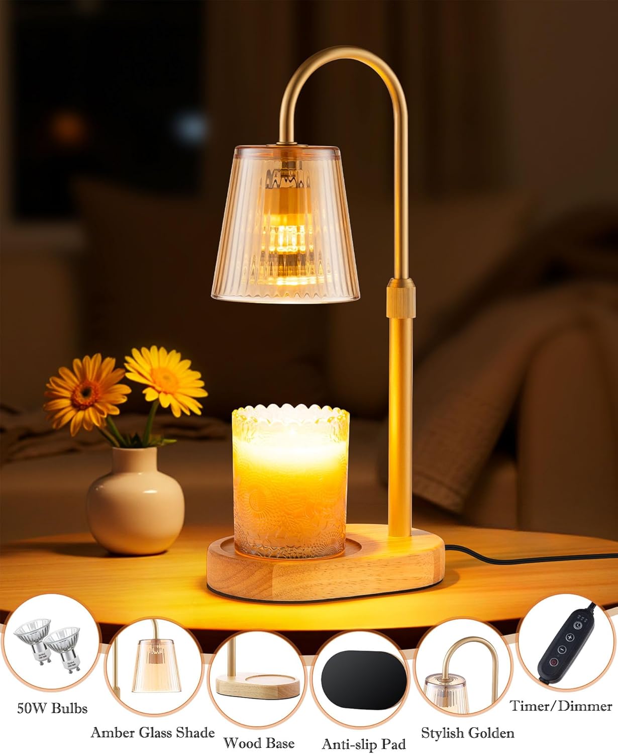 GoFurnitureHub Adjustable Candle Warmer Lamp with Timer Dimmable Flameless Wax Melter for Jar Candles