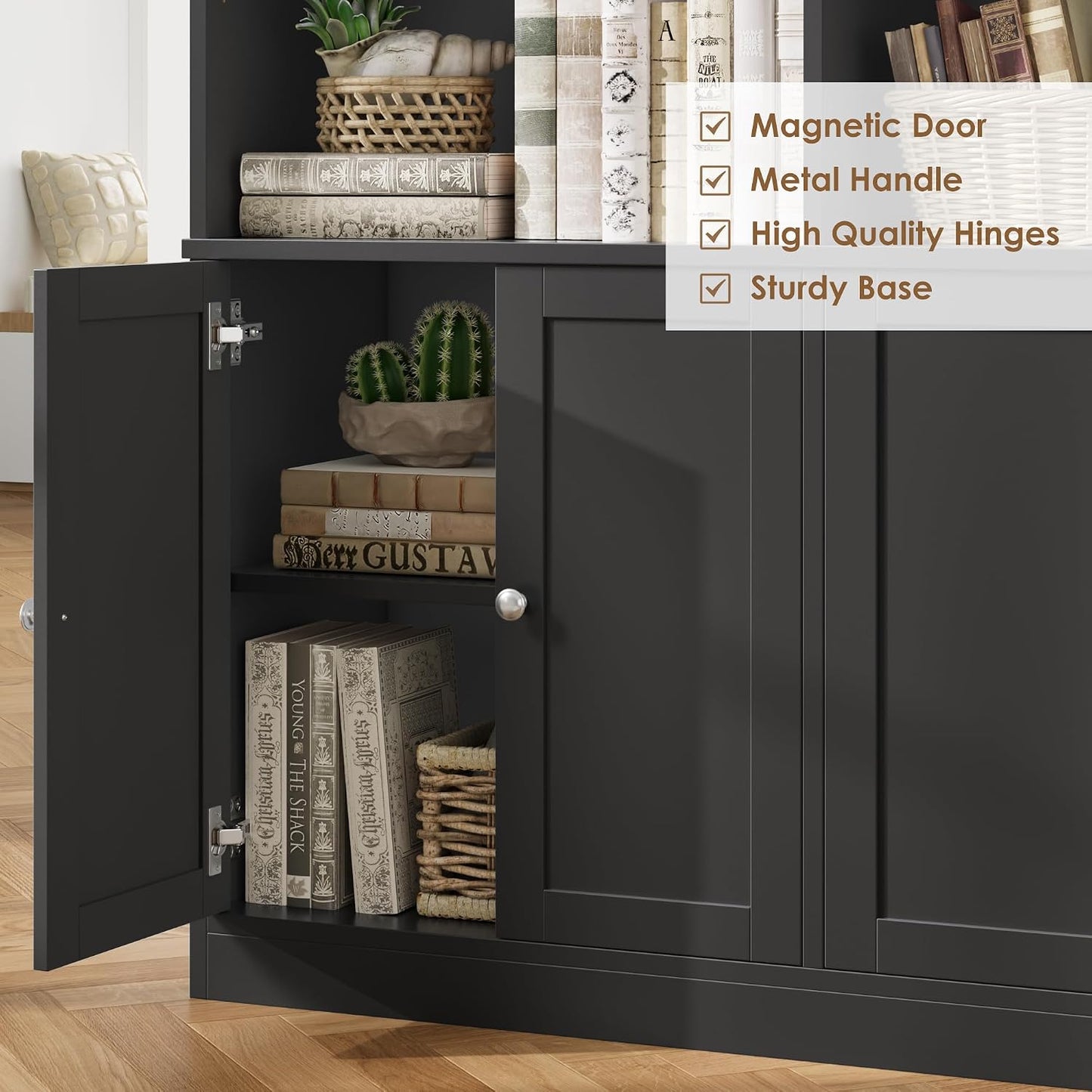 GoFurnitureHub 78" Arched Bookcase with Doors – 15-Shelf Wide Storage Cabinet, Black