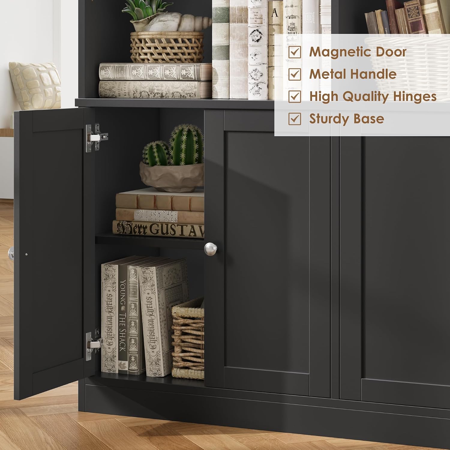 GoFurnitureHub 78" Arched Bookcase with Doors – 15-Shelf Wide Storage Cabinet, Black