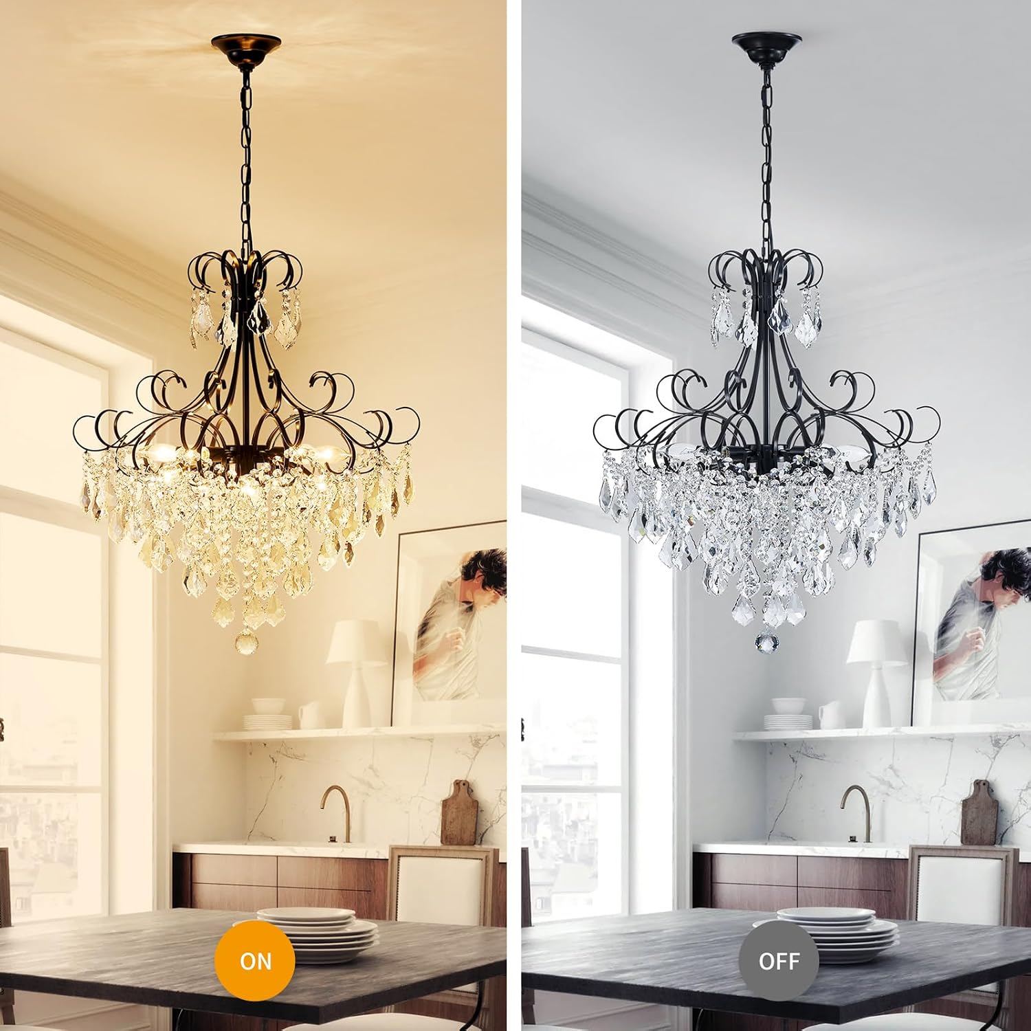 GoFurnitureHub 10-Light Modern Crystal Chandelier – Black Luxury Ceiling Pendant Light for Dining Room & Entryway