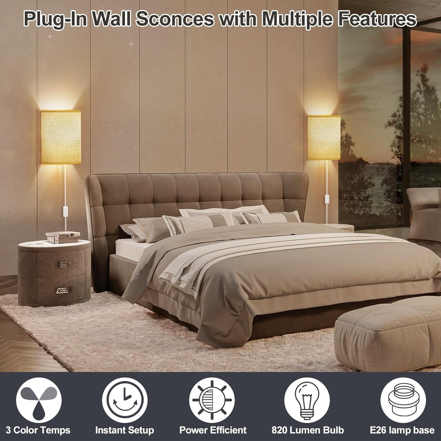 GoFurnitureHub Plug-In Wall Sconces with Linen Shades – Set of 2