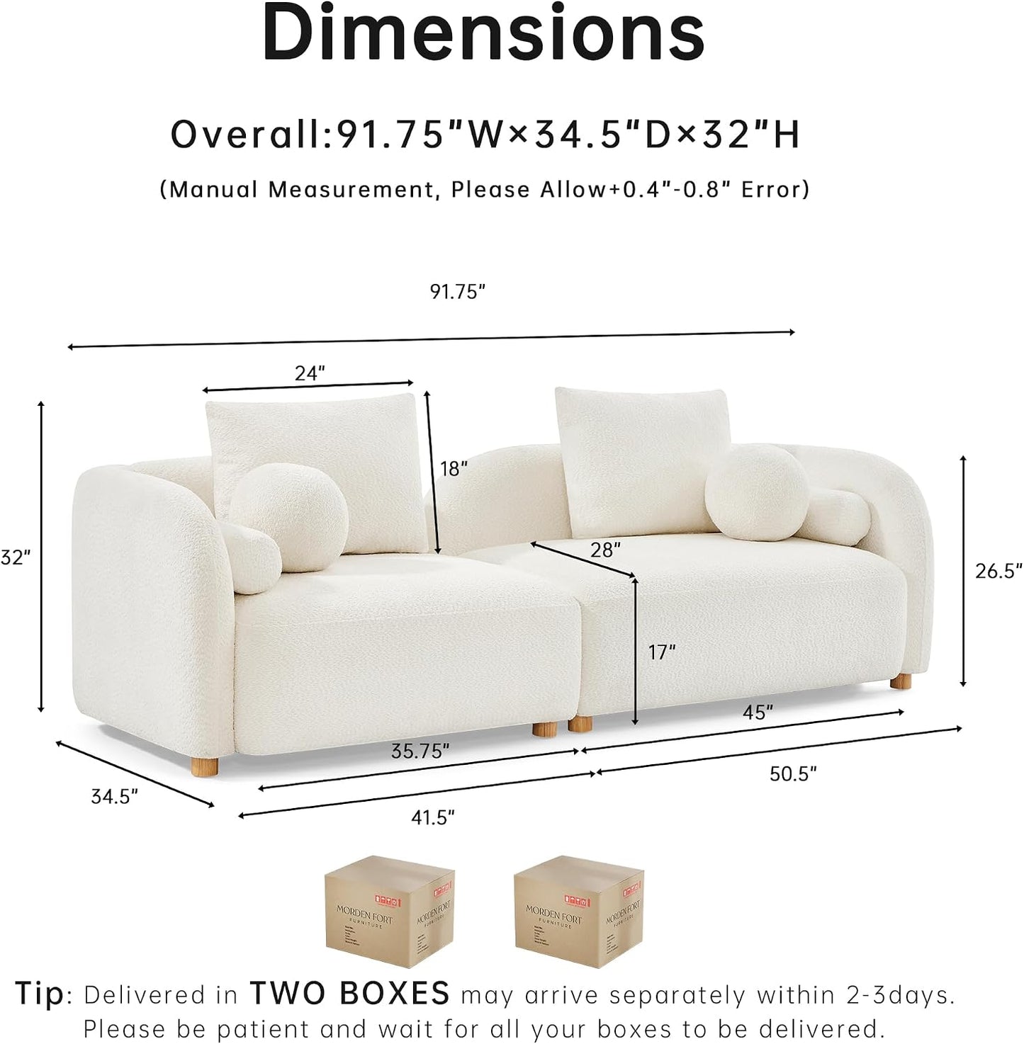 GoFurnitureHub 91.75" Curved Bouclé Sofa – Modern 3-Seater Cloud Couch with Wood Legs & Pillows