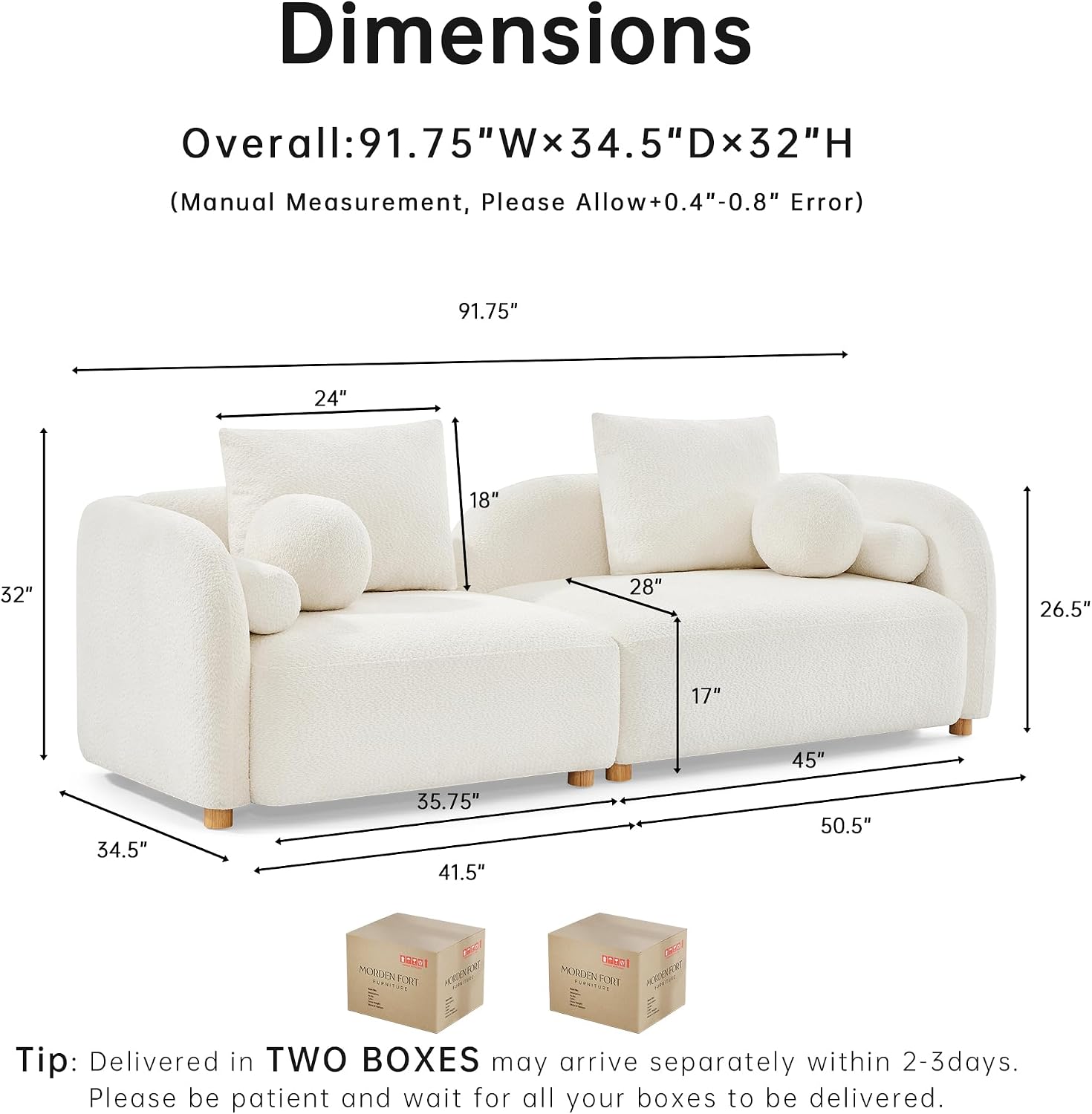 GoFurnitureHub 91.75" Curved Bouclé Sofa – Modern 3-Seater Cloud Couch with Wood Legs & Pillows