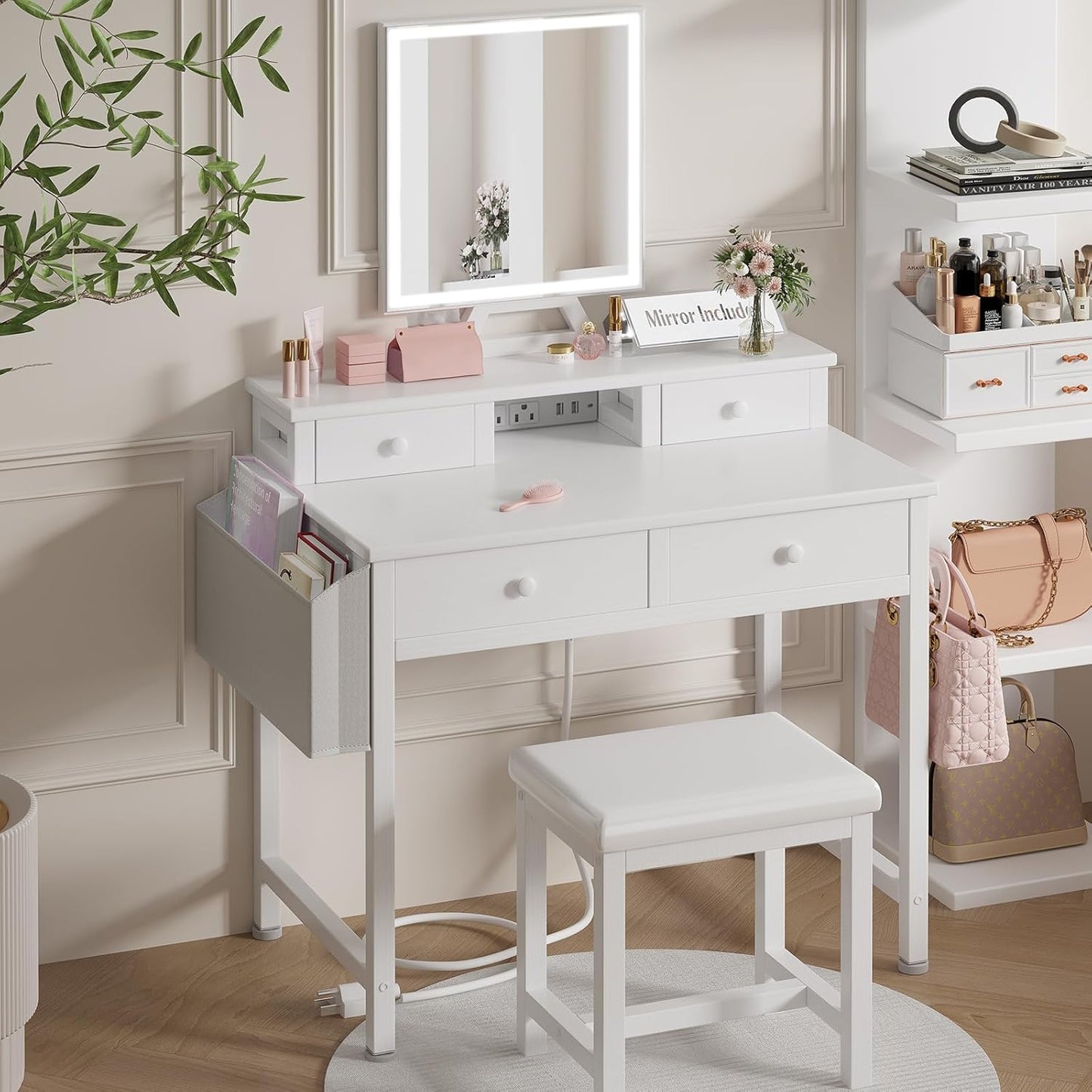 GoFurnitureHub White Makeup Vanity Desk with LED Mirror, Chair & Power Outlet – Modern Vanity Set with Drawers