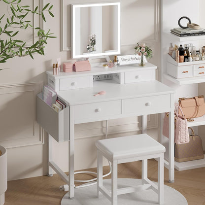 GoFurnitureHub White Makeup Vanity Desk with LED Mirror, Chair & Power Outlet – Modern Vanity Set with Drawers