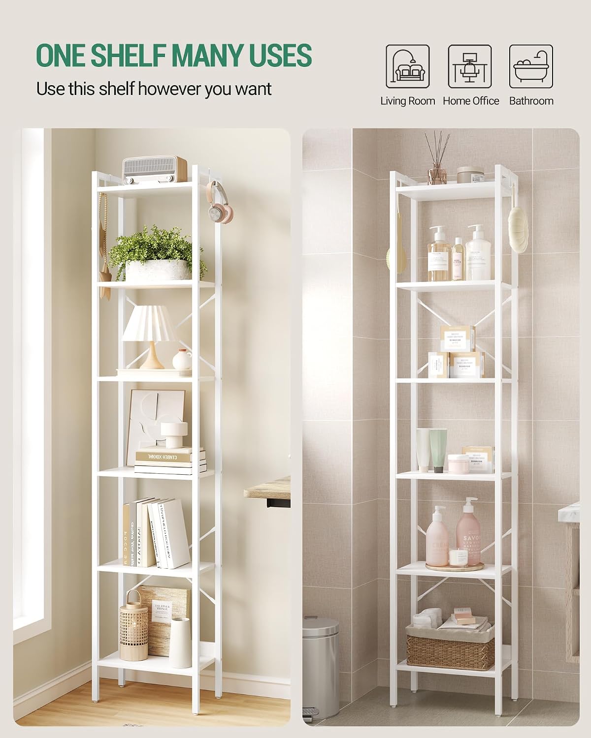 GoFurnitureHub 6-Tier Industrial Corner Bookcase – White Storage Shelf with Hooks