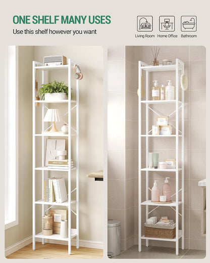 GoFurnitureHub 6-Tier Industrial Corner Bookcase – White Storage Shelf with Hooks