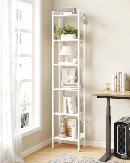GoFurnitureHub 6-Tier Industrial Corner Bookcase – White Storage Shelf with Hooks