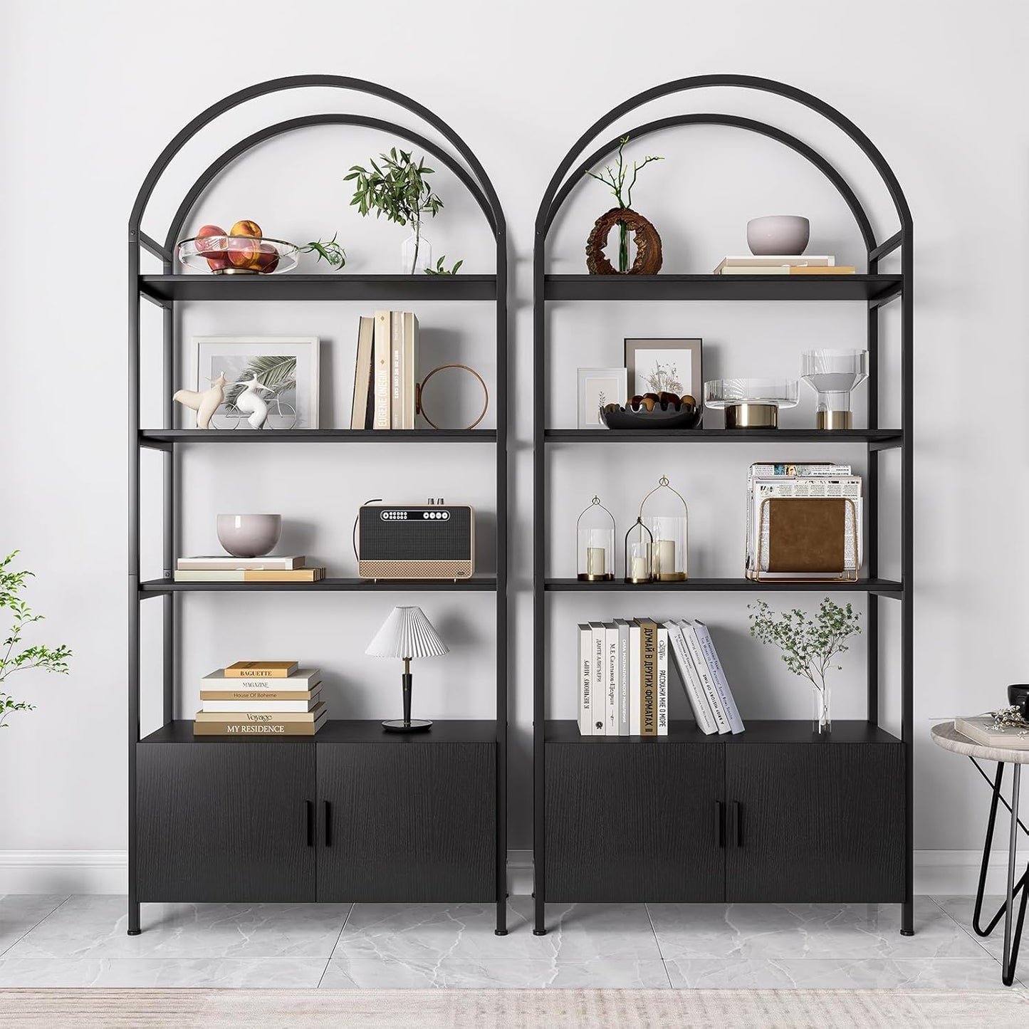 GoFurnitureHub 71" Arched Bookshelf with Storage Cabinet – Industrial 5-Tier Black Bookcase with Doors