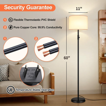 GoFurnitureHub Dimmable Floor Lamp with Linen Shade – Modern Black Standing Lamp with 1000 Lumens LED Bulb