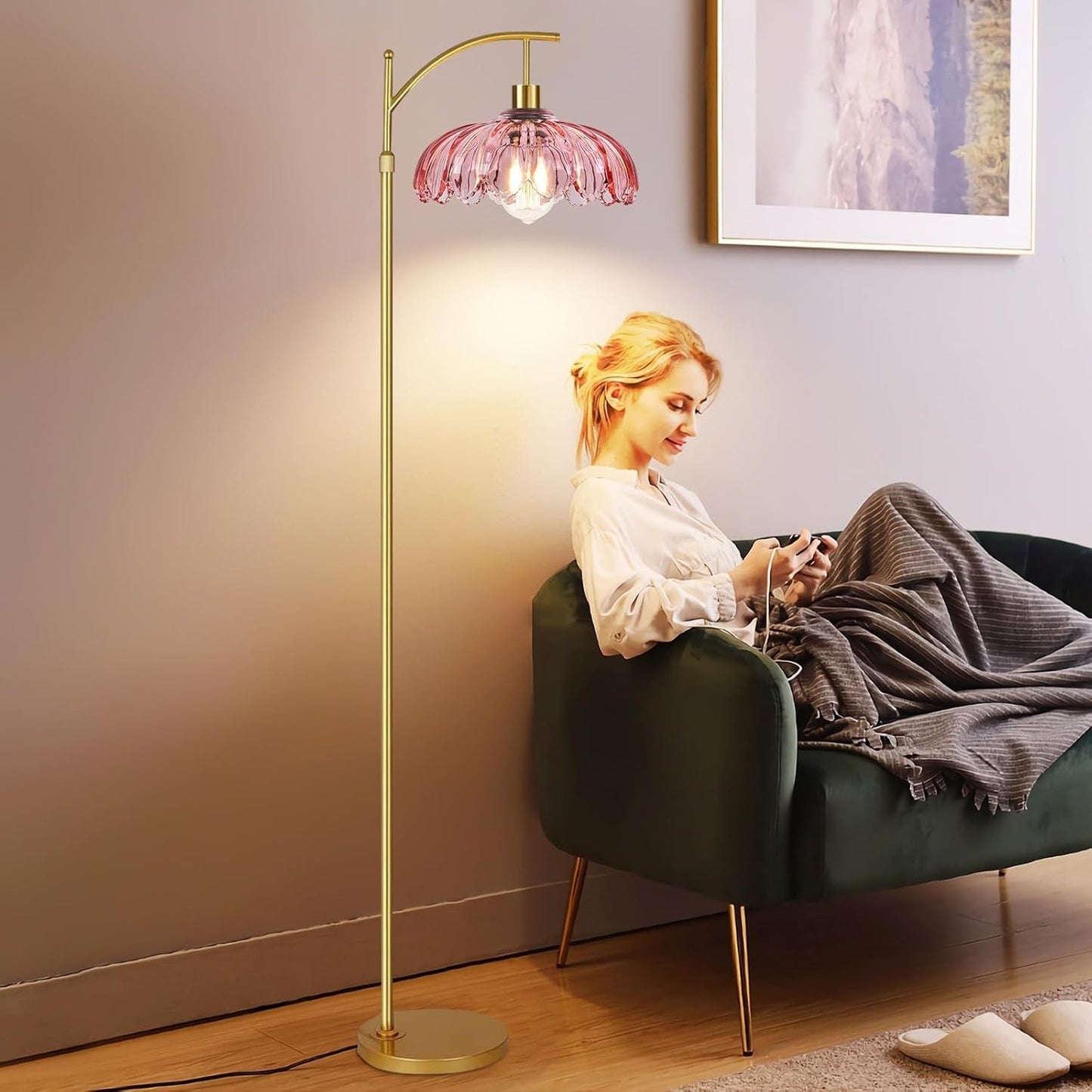 GoFurnitureHub Gold Arc Floor Lamp with Pink Glass Shade – Dimmable Mid-Century Modern Standing Lamp with Remote