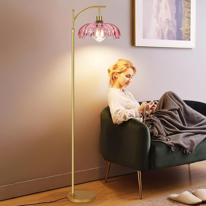 GoFurnitureHub Gold Arc Floor Lamp with Pink Glass Shade – Dimmable Mid-Century Modern Standing Lamp with Remote