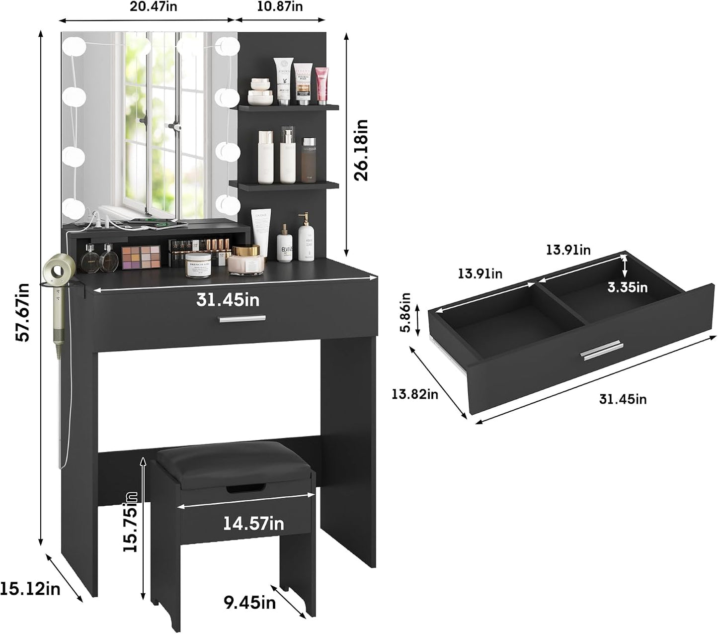 GoFurnitureHub Small Black Vanity Desk with LED Mirror, Storage Chair & Power Outlet – Makeup Vanity Set with Adjustable Lights