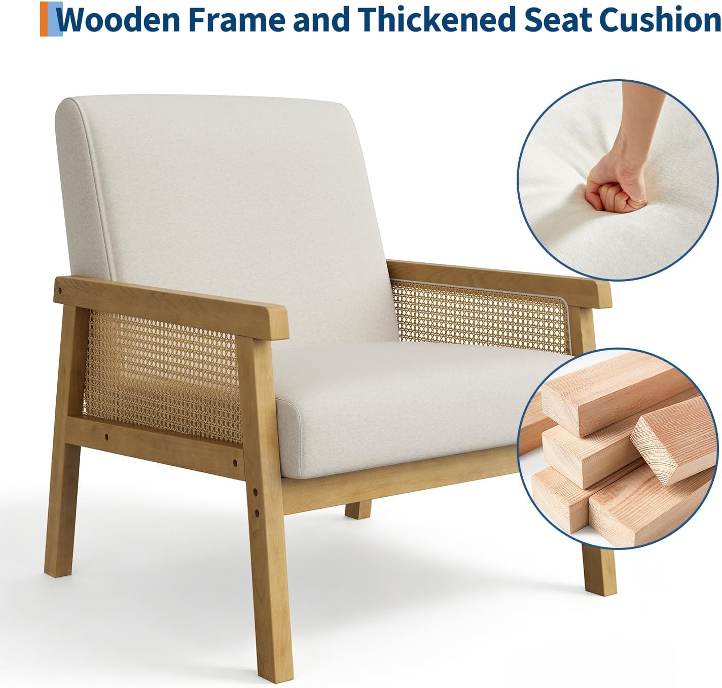 GoFurnitureHub Modern Rattan Accent Chair – Upholstered Linen Armchair in Beige