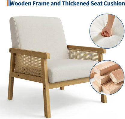GoFurnitureHub Modern Rattan Accent Chair – Upholstered Linen Armchair in Beige