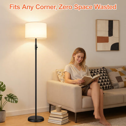 GoFurnitureHub Dimmable Floor Lamp with Linen Shade – Modern Black Standing Lamp with 1000 Lumens LED Bulb
